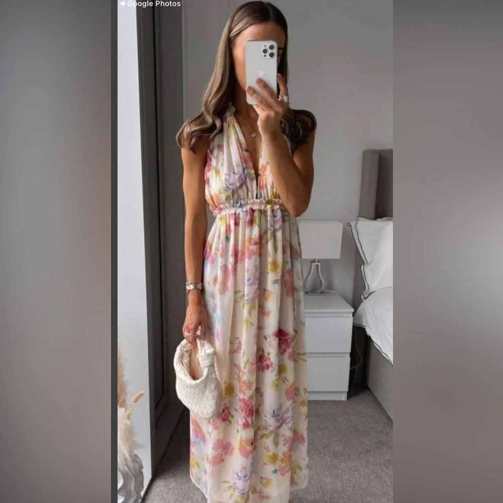 Zara Creampink long floral dress. Small 3204/168 EUC OUNK BEIGE - Picture 6 of 13